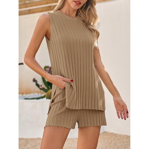 Womens Knit 2 Piece Summer Set Sleeveless Ribbed Tops Shorts Vacation Beach - Picture 2 of 5